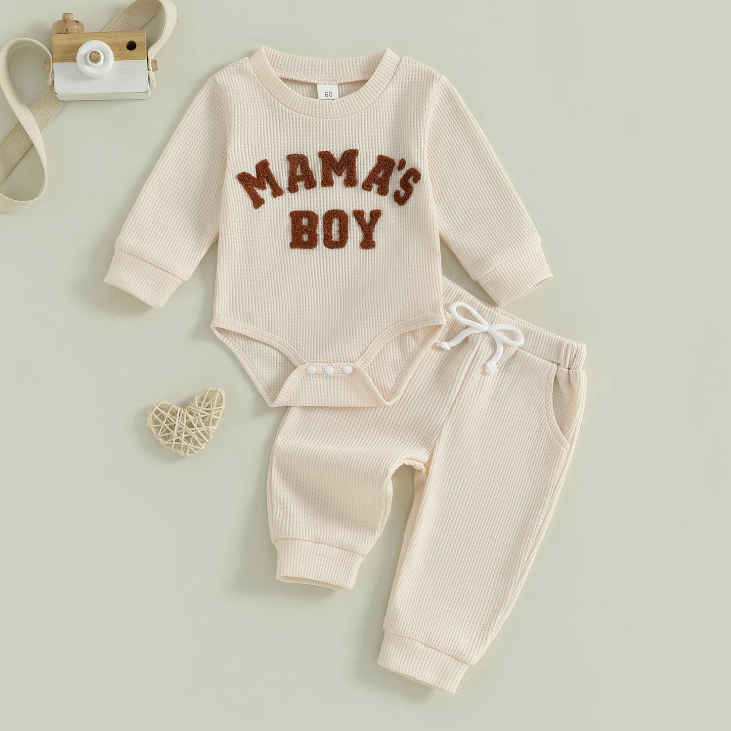 Baby Boy Fall Outfit Letter Embroidered Long Sleeve Romper Solid Elastic Waist Pants 2 Piece Set