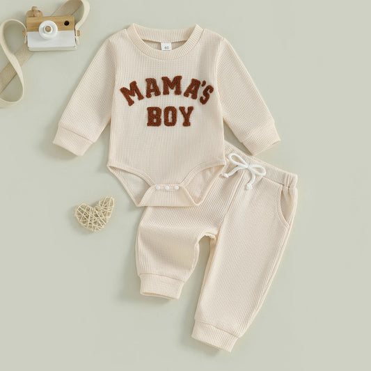 Baby Boy Fall Outfit Letter Embroidered Long Sleeve Romper Solid Elastic Waist Pants 2 Piece Set