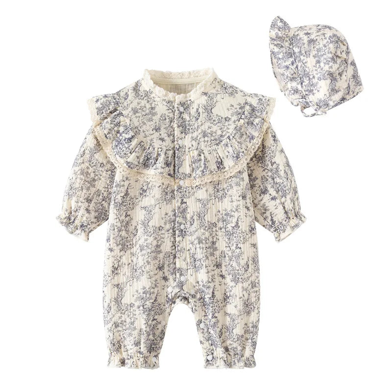 Ink Painting Newborn Baby Girl Jumpsuits Cotton Toddler Girls Onesie Clothes for Spring Autumn Infant Rompers +Hats