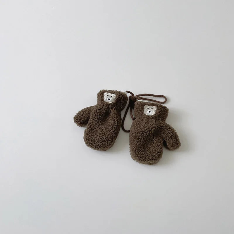Cute Embroidered Bear Baby Gloves Lamb Wool Winter Boys Girls Full Finger Gloves Outdoor Windproof Warm Kids Mittens