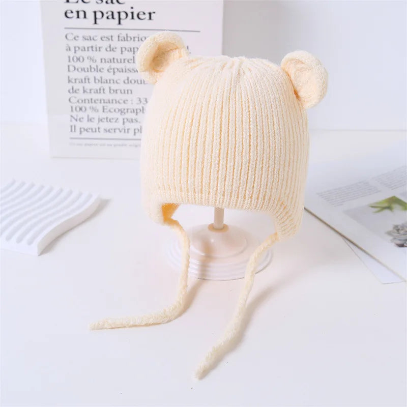 Bear Baby Ear Protection Woolen Cap Solid Color Toddler Beanie Children Knitted Hat 1-4 Years Boy Girl Kids Winter Warm Headgear
