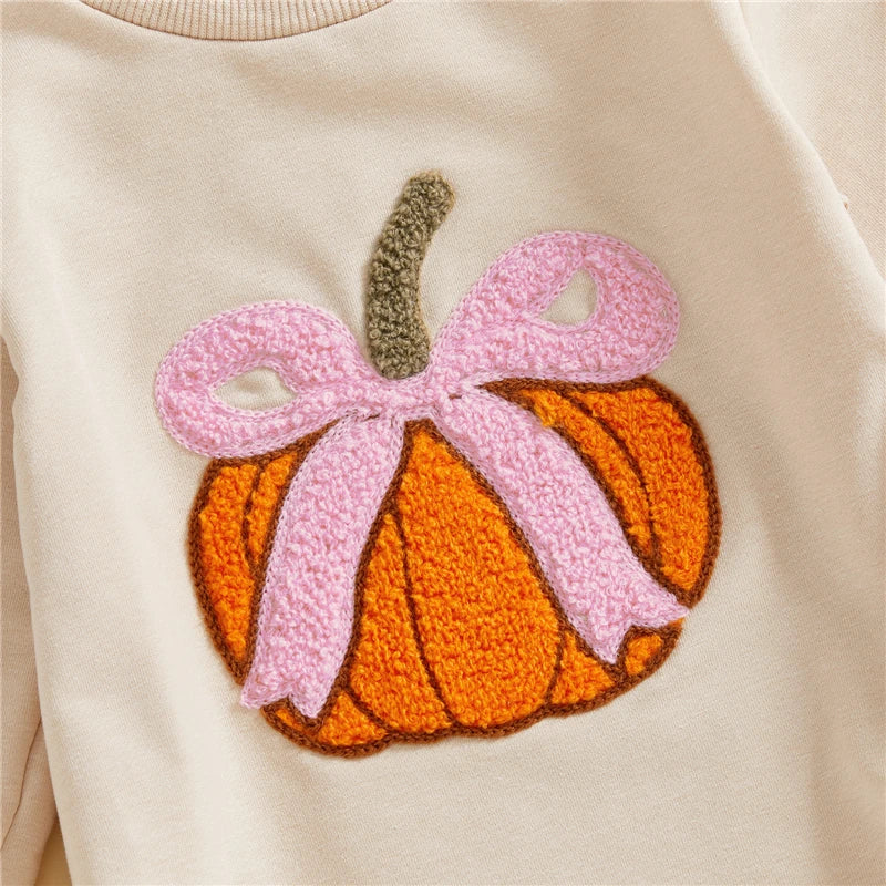 Baby Girls Halloween Sweatshirt Romper Pumpkin Bow Embroidery Long Sleeve Round Neck Bubble Jumpsuit Toddler Infant Clothes