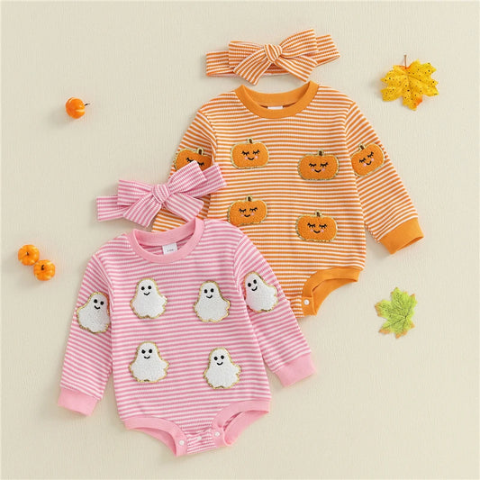 Newborn Baby Girl Halloween Outfit Ghost Pumpkin Pattern Striped Crew Neck Long Sleeve Romper with Headband 2 Pcs Set for Fall