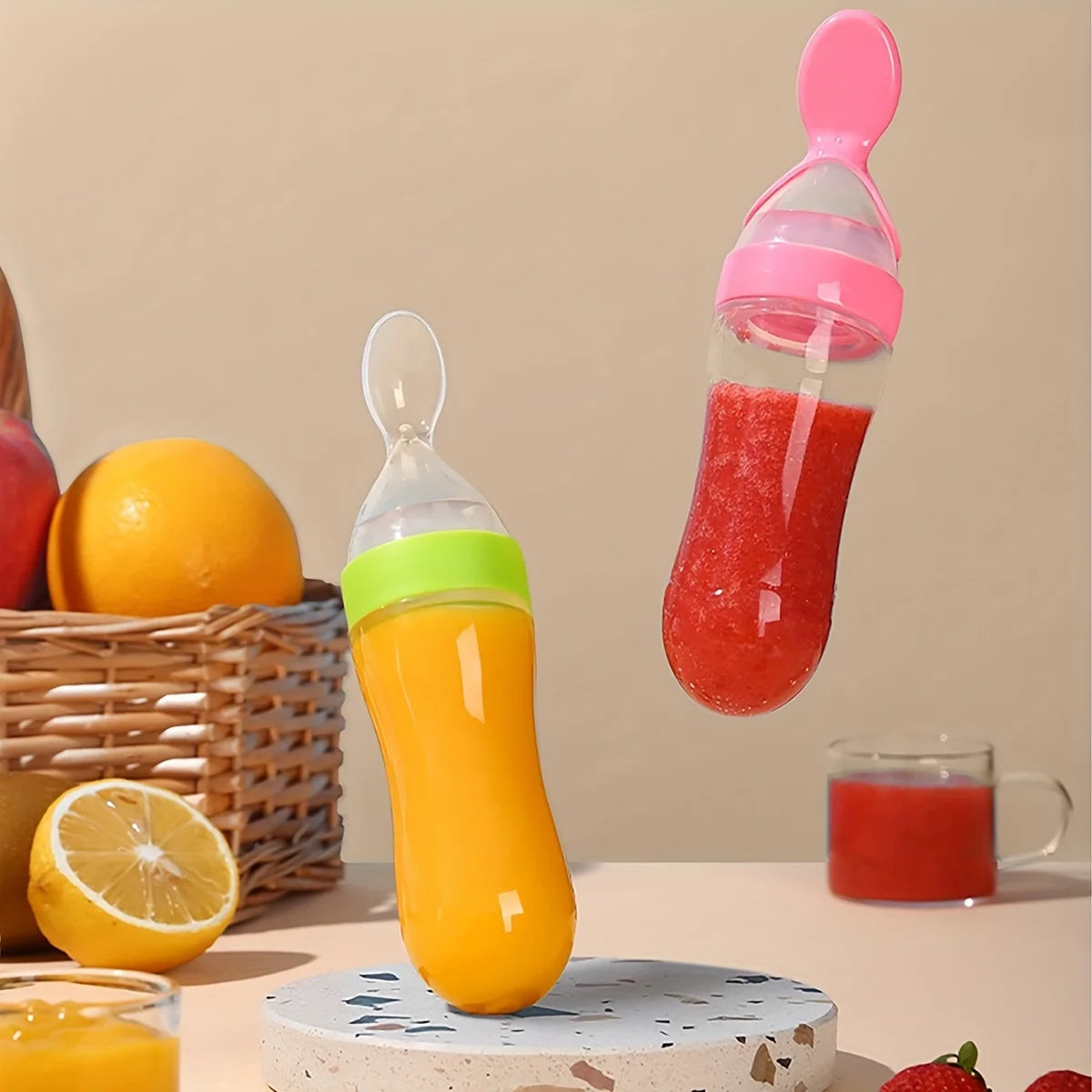 9pcs Feeding Cutlery: 1 Silicone Feeding Bottle with Spoon and Suction Cup for Rice Cereal, 2 Fruit and Feeders, 6 Nipples(SML)
