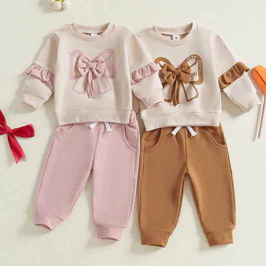 Pudcoco Baby Girls 2-piece Outfit, Long Sleeve Crew Neck Bow Sweatshirt with Elastic Waist Sweatpants Fall Clothes 0-3T