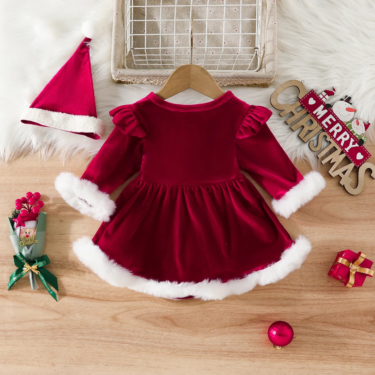 Ma&Baby 0-24M Christmas Newborn Infant Baby Girls Red Rompers Velvet Ruffle Plush Jumpsuit + hat Party Xmas Costumes Outfits D05