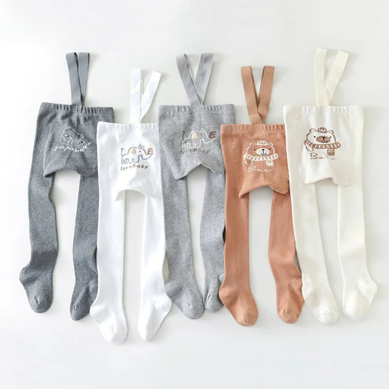 Newborn Baby Tights For Girls Boys Casual Infant Leggings With Shoulder Strap Cartoon Knitted Toddler Pantyhose Autumn New 0-3Y