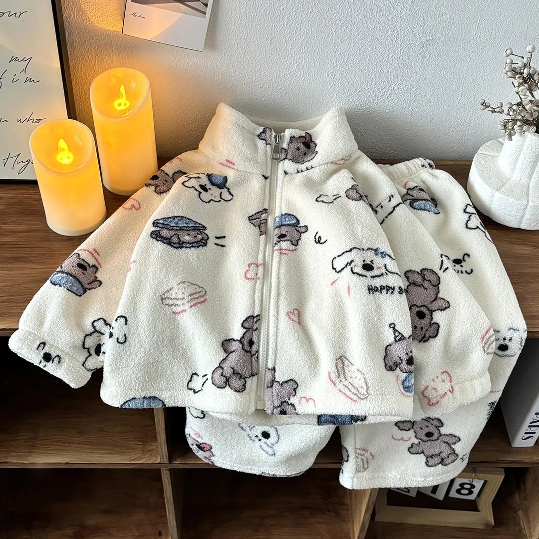 Double Sided Fleece Loungewear Set 2025 Kids Cute Print Soft Skin Friendly Autumn Winter Two Piece Children Outfit