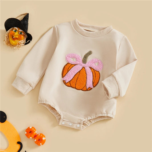 Baby Girls Halloween Sweatshirt Romper Pumpkin Bow Embroidery Long Sleeve Round Neck Bubble Jumpsuit Toddler Infant Clothes