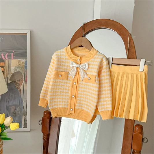 Autumn Campus Style Girls' Clothing Sets Sweet Sweater Cardigan Knitted Jacket +short Pleated Skirt Toddler Girl Clothes