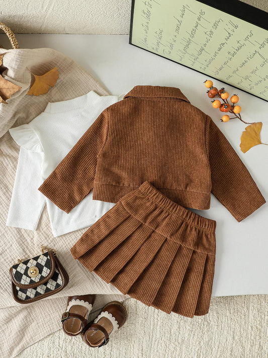 Baby Girl Autumn Winter Trendy Three Pieces Jacket Black High Collar Knitted Solid Long SleeveTop Skirt Street Party ClothesSet