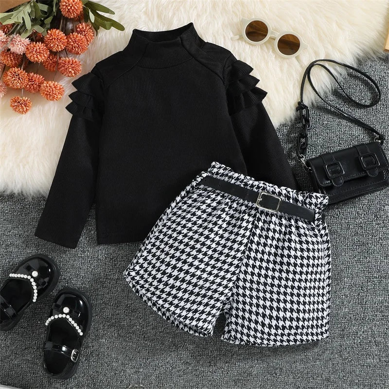 2022-08-15 Lioraitiin 0-6Years Toddler Girl Autumn Clothes Ruffled Long Sleeve High Neck Ribbed Houndstooth Print Shorts Belt