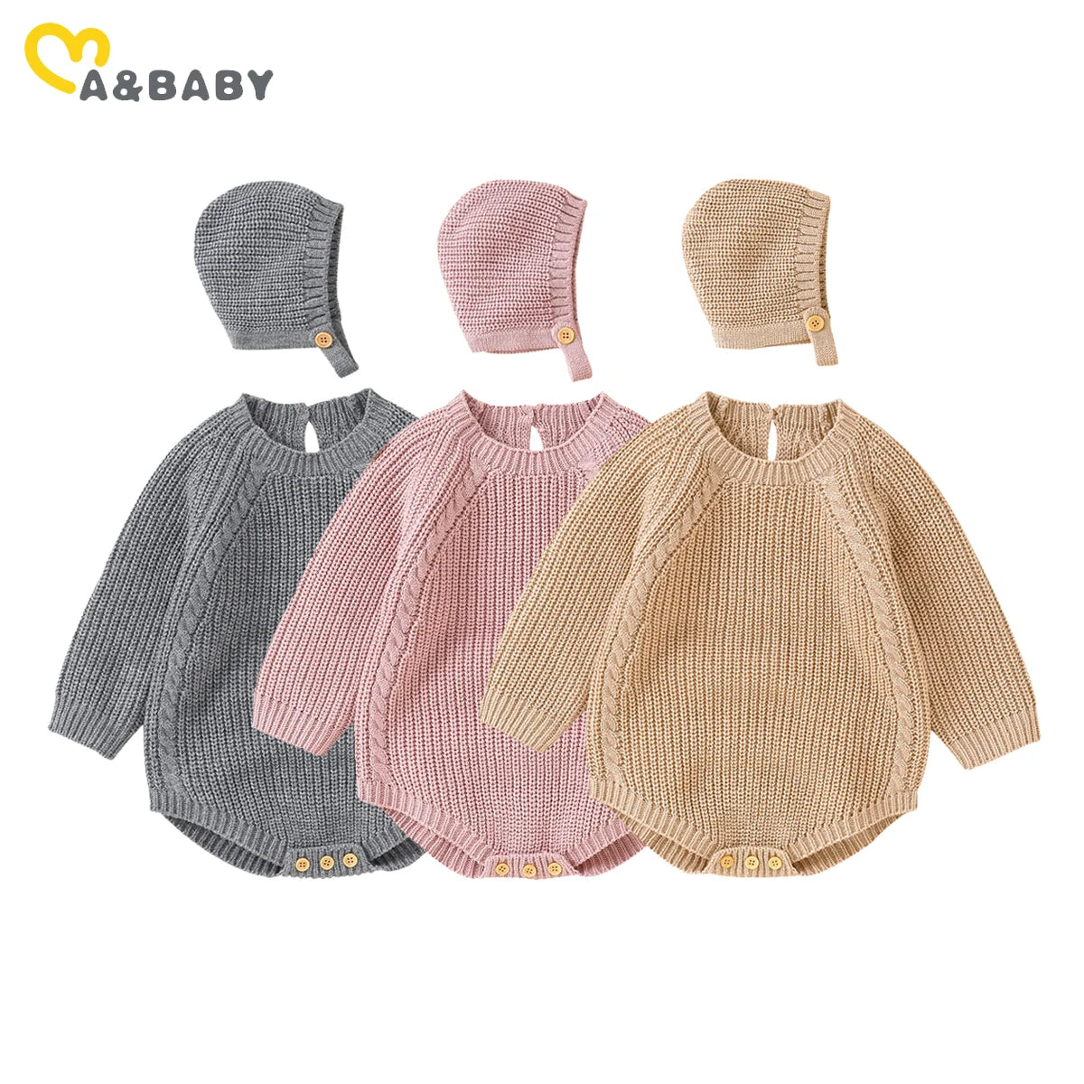 ma&baby 0-18M Newborn Infant Toddler Baby Girl Boy Rompers Warm Knit Jumpsuit Long Sleeve Soft Outfits + Hats Clothing