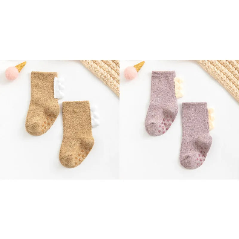 2Pairs Lovely Cute Cartoon Dinosaur Kids Baby Socks Girl Boy Non-slip Floor Socks Animal Infant Soft Cotton Thick Warm Leg Socks
