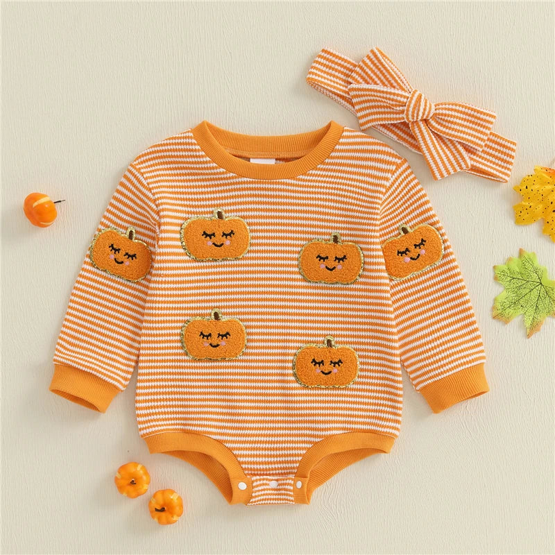 Newborn Baby Girl Halloween Outfit Ghost Pumpkin Pattern Striped Crew Neck Long Sleeve Romper with Headband 2 Pcs Set for Fall
