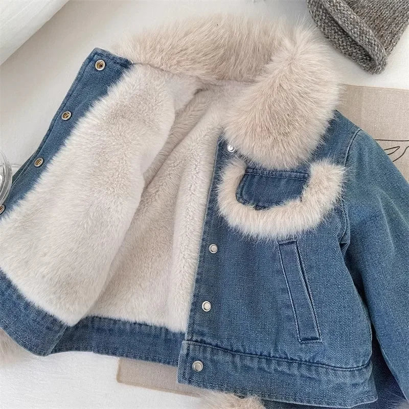 Coat and Skirt Set Girls Autumn and Winter New Korean Fashion Denim Thick Warm Jacket Skirt Two-piece Set Kids Clothes