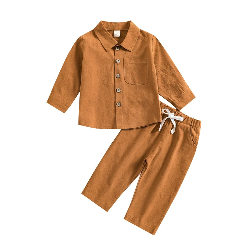 Kids Boys Autumn Clothes Set Solid Color Long Sleeve Button Up Shirt Tops and Elastic Casual Drawstring Pants Outfits