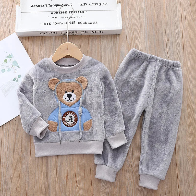 2023 Winter Baby Boy Clothes Sets Autumn Cotton Thick Warm Hooded Sweater Cartoon Cute Bear Three-Piece Baby Girl Suit 0-5Y
