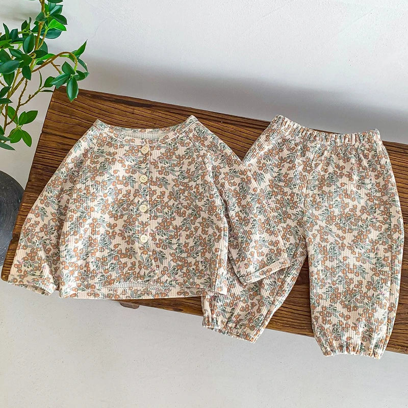 2024 Baby Pajamas Set Loungewear Sleepwear Kids Long Sleeve Boy Girl Breathable Cotton Waffer Top and Bottom Children's Clothes
