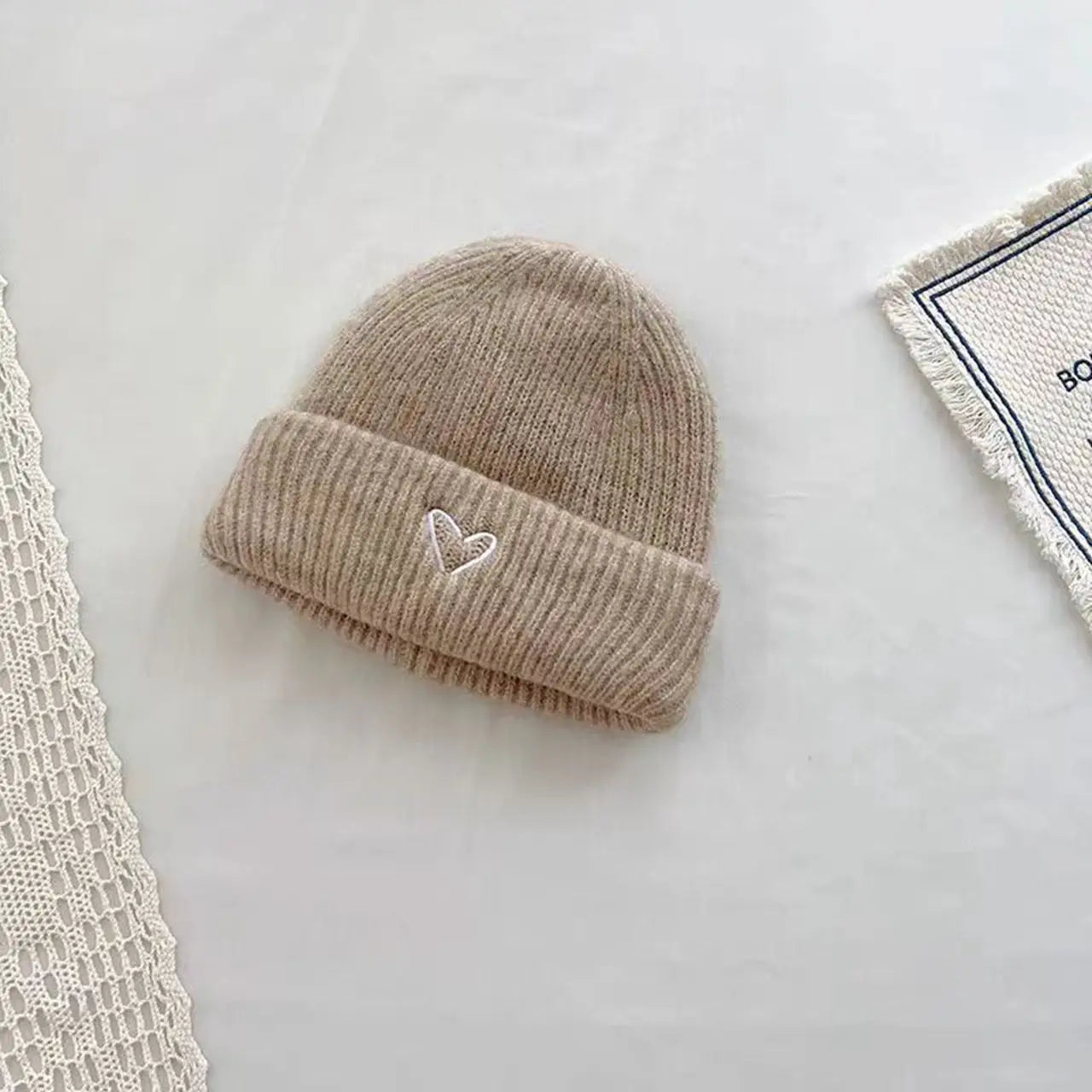 Solid Color Kids Knitted Hat Scarf Love Heart Embroidery Autumn Winter Warm Baby Beanie Outdoor Anti-cold Boys Girls Cap Scarves