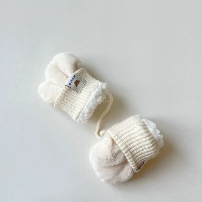 1-4Y Baby Cartoon Bear Label Mittens Winter Warm Kids Girls Gloves Soft Fur Children Toddler Thick Child Fleece Cartoon Mittens