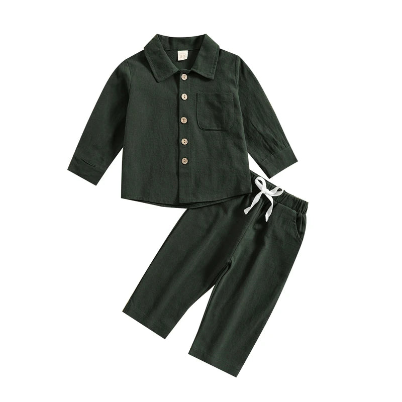Kids Boys Autumn Clothes Set Solid Color Long Sleeve Button Up Shirt Tops and Elastic Casual Drawstring Pants Outfits