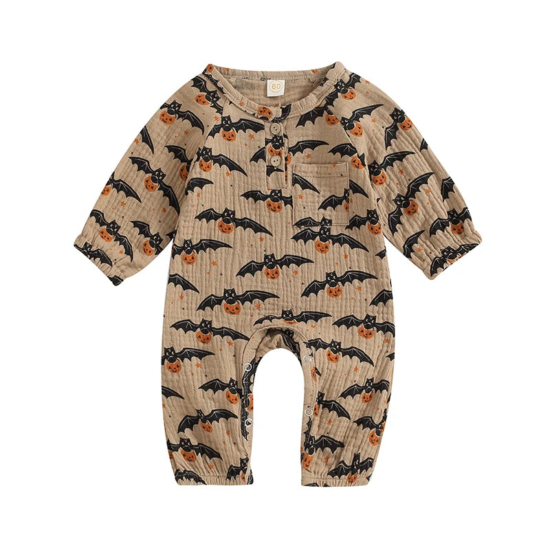 Infant Baby Girls Boys Halloween Romper Pumpkin/Bat Print Cotton Long Sleeve Newborn Baby Girls Jumpsuit Autumn Baby Clothes