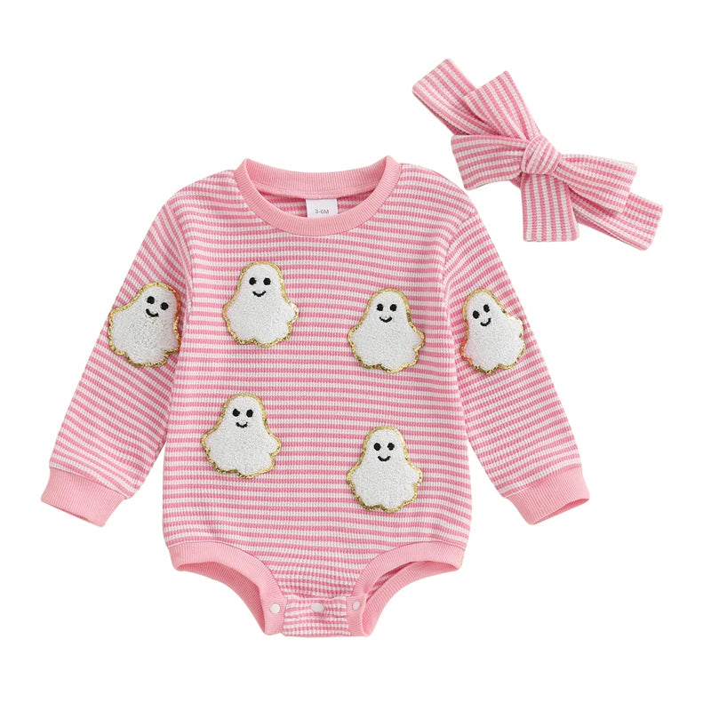 Newborn Baby Girl Halloween Outfit Ghost Pumpkin Pattern Striped Crew Neck Long Sleeve Romper with Headband 2 Pcs Set for Fall