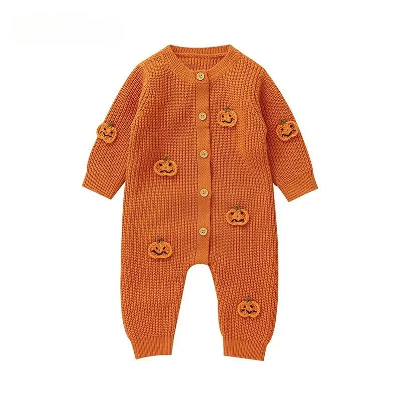 2025 Halloween Baby Knitted Romper 3D Pumpkin Applique Newborn Onesie 0-18M  Autumn  Winter Toddler Jumpsuit Festival Outfit