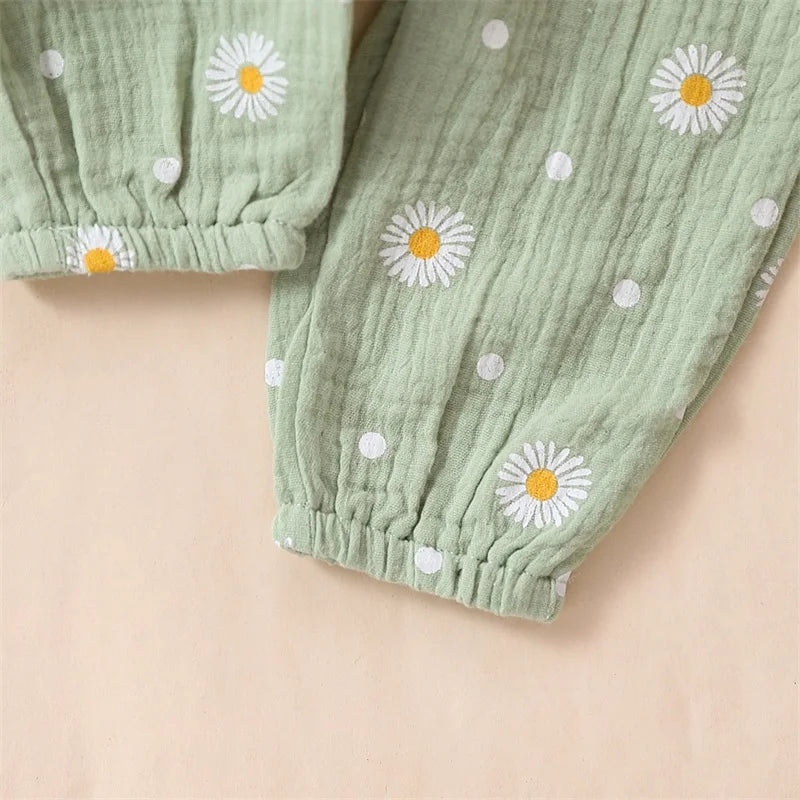 Spring Infant Baby Girls Pants Sets White Long Sleeve Ruffle Romper Daisy Print Belted Pants Headband Autumn Sets