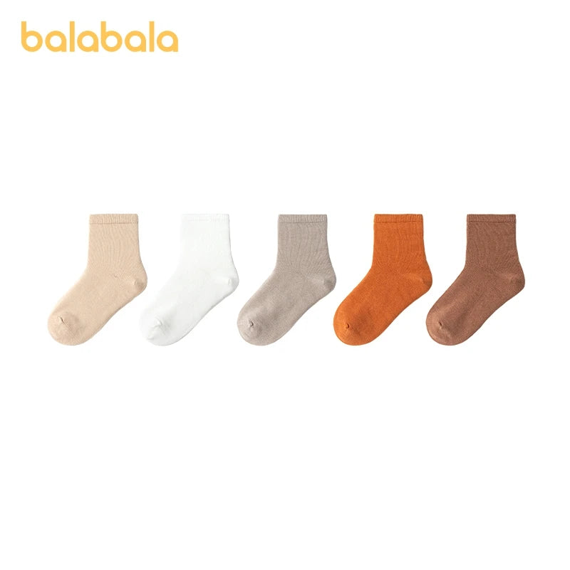 Balabala 5 Pairs Socks Boys Girls 2024 Spring Autumn New Cotton Mid-Calf Socks Solid Colors Comfortable Five Pairs Pack