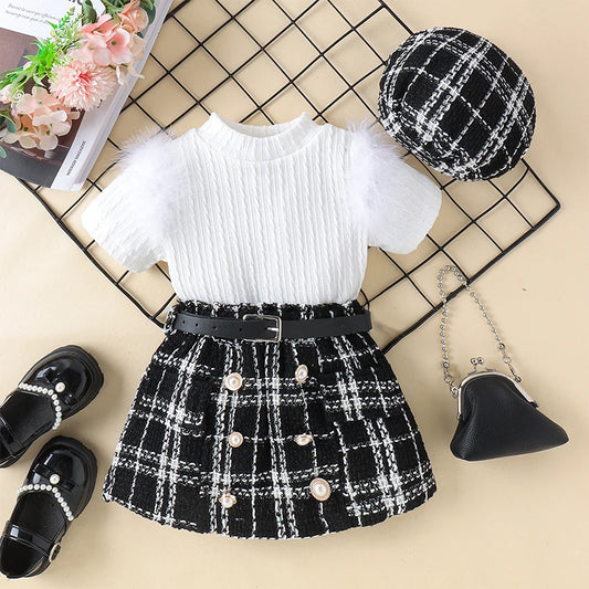 FOCUSNORM 0-4Y Fashion Kids Girls 3Pcs Clothes Sets Outfits Fur Short Sleeve Ribbed Tops + Plaid Belt Skirt + Hat