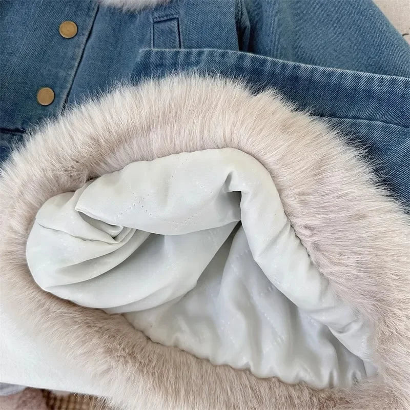 Coat and Skirt Set Girls Autumn and Winter New Korean Fashion Denim Thick Warm Jacket Skirt Two-piece Set Kids Clothes
