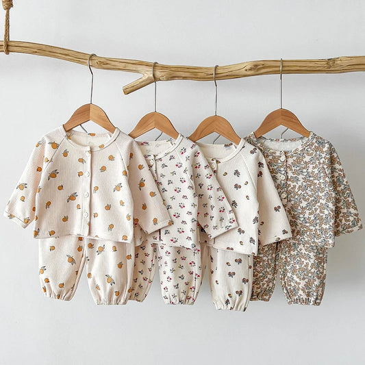 2024 Baby Pajamas Set Loungewear Sleepwear Kids Long Sleeve Boy Girl Breathable Cotton Waffer Top and Bottom Children's Clothes
