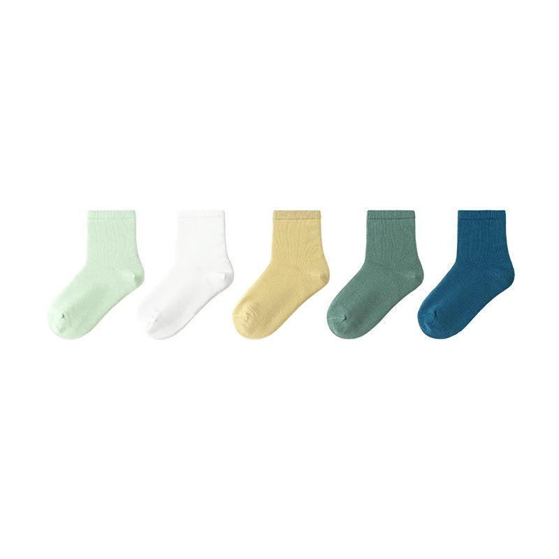 Balabala 5 Pairs Socks Boys Girls 2024 Spring Autumn New Cotton Mid-Calf Socks Solid Colors Comfortable Five Pairs Pack