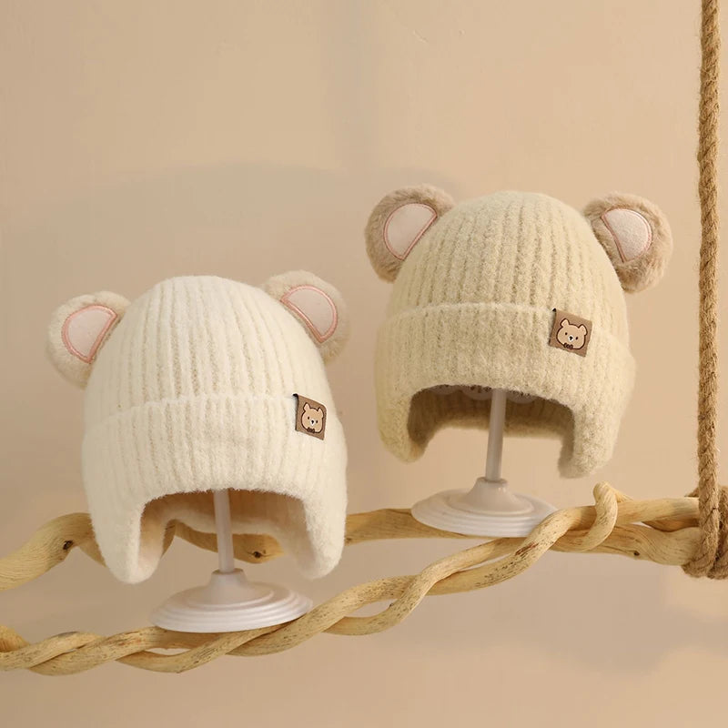 Cute Bear Baby Earmuffs Cap Winter Warm Kids Plush Pullover Hat 6-36Month Toddler Beanies Thicken Velvet Children Crochet Bonnet