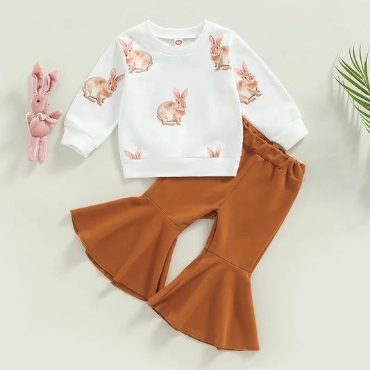 2022-12-01 Lioraitiin 0-4Years Toddler Girls Easter Clothes Set Rabbit Print Long Sleeve Crew Neck Sweatshirts Solid Flare Pant