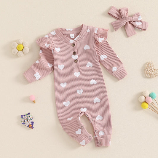 Toddler Girl´s Summer Outfit, Heart Printed pattern Long Fly Sleeves Crew Neck Romper And Bow Knot Headdress 0-18M