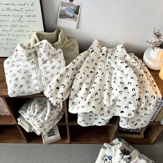 Double Sided Fleece Loungewear Set 2025 Kids Cute Print Soft Skin Friendly Autumn Winter Two Piece Children Outfit