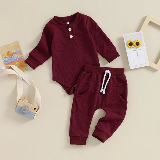Pudcoco Infant Baby Girll Boy Waffle Jumpsuit Outfits Solid Color Long Sleeve Romper with Elastic Waist Pants 0-12M