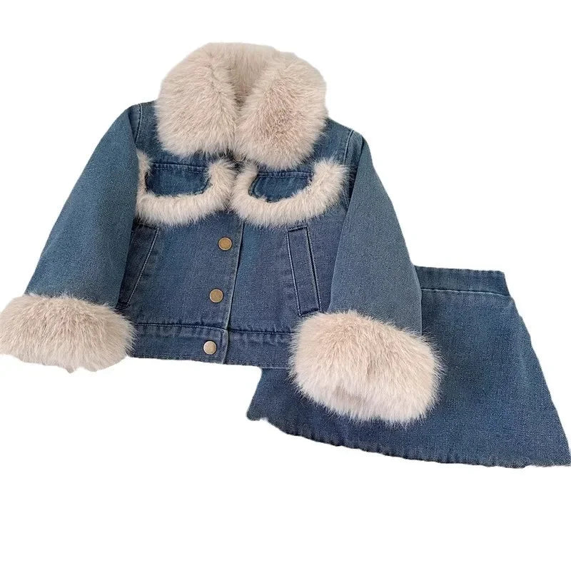 Coat and Skirt Set Girls Autumn and Winter New Korean Fashion Denim Thick Warm Jacket Skirt Two-piece Set Kids Clothes