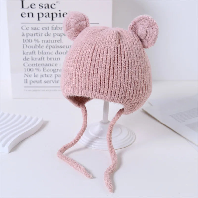 Bear Baby Ear Protection Woolen Cap Solid Color Toddler Beanie Children Knitted Hat 1-4 Years Boy Girl Kids Winter Warm Headgear