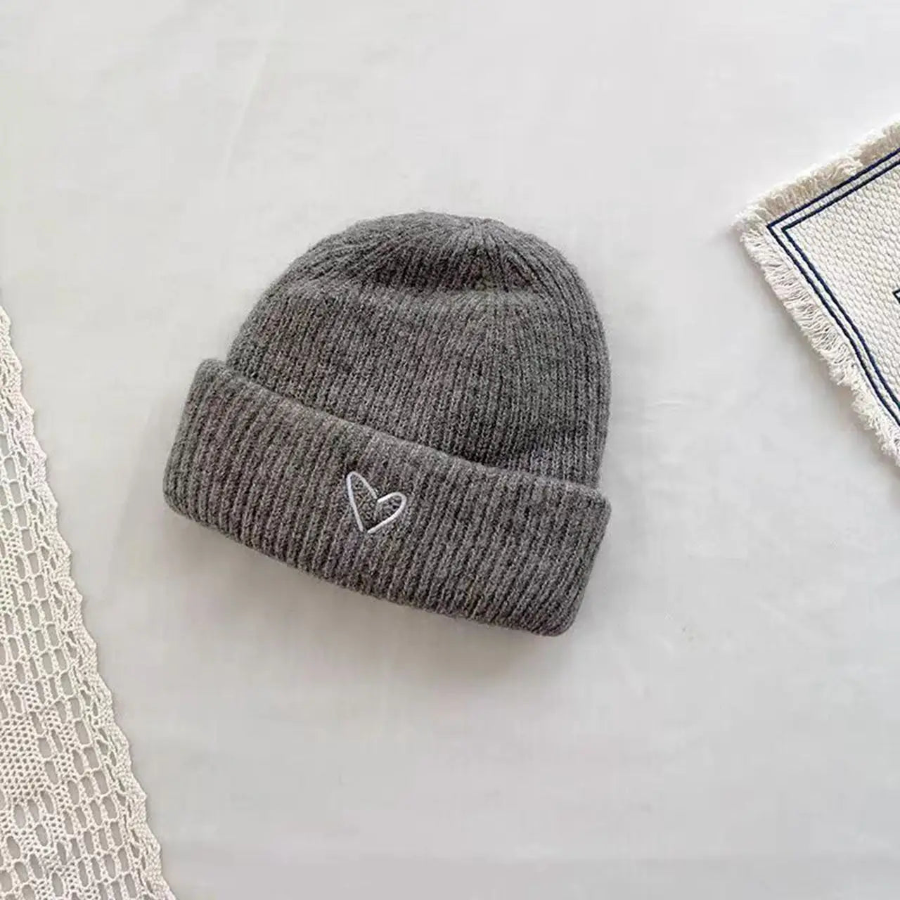 Solid Color Kids Knitted Hat Scarf Love Heart Embroidery Autumn Winter Warm Baby Beanie Outdoor Anti-cold Boys Girls Cap Scarves