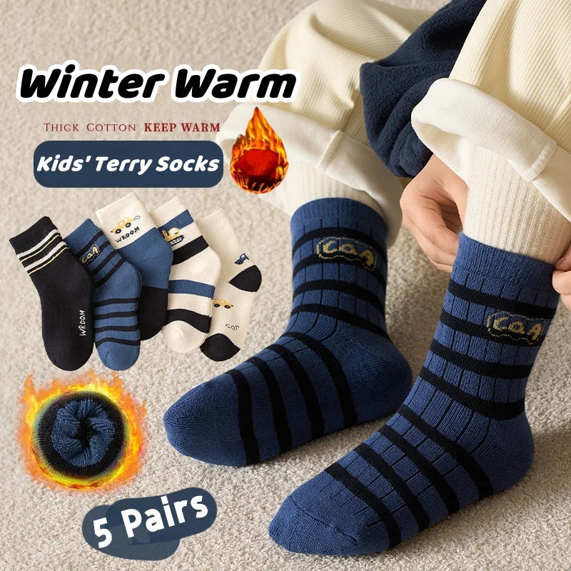 Children's Winter Socks Thick Thermal Terry Socks 5 Pairs/bag Kids Boys Thicken Cotton Socks Mid-calf Warm Socks