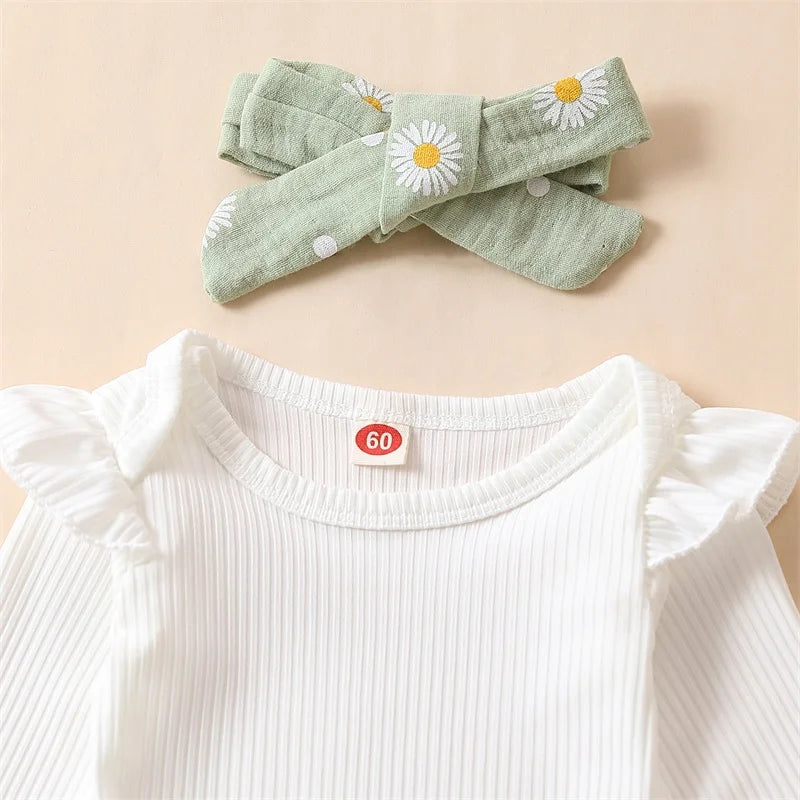 Spring Infant Baby Girls Pants Sets White Long Sleeve Ruffle Romper Daisy Print Belted Pants Headband Autumn Sets