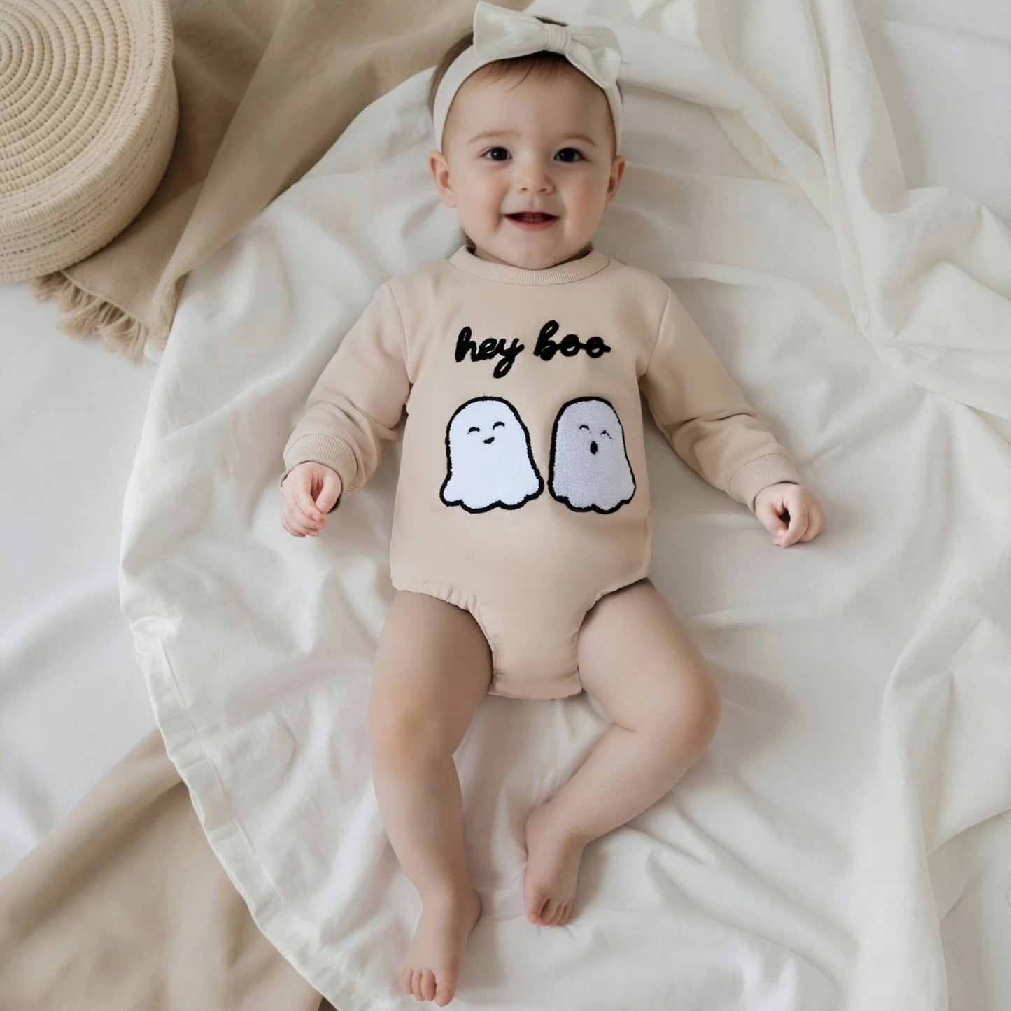 0-18M Newborn Baby Halloween Romper Letter Ghost Embroidered Crew Neck Long Sleeve Jumpsuit for Fall