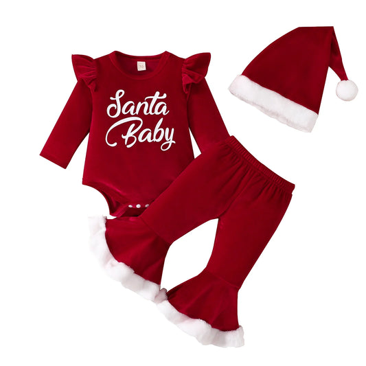 Infant Baby Girl 2023 Christmas Set Long Sleeve Round Neck Ruffled Letters Print Rompers + Flare Pants + Hat