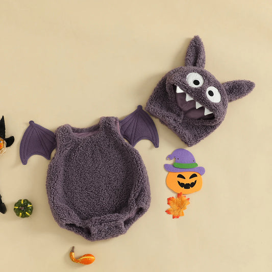 Lioraitiin Kids Boys Halloween Costume Cute Infant Bat Wings Romper and Hat Set for Toddler Cosplay Party Holiday Outfit