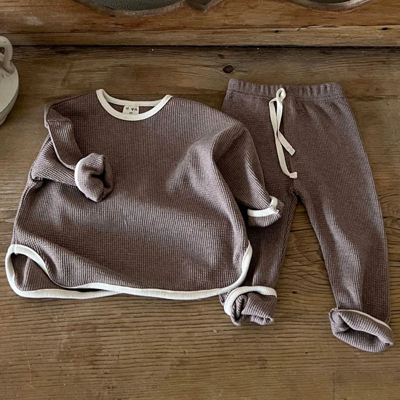 Autumn New Baby Long Sleeve Clothes Set Boys Girls Loose Waffle Tops + Pants 2pcs Suit Infant Toddler Casual Sweatshirt Outfits