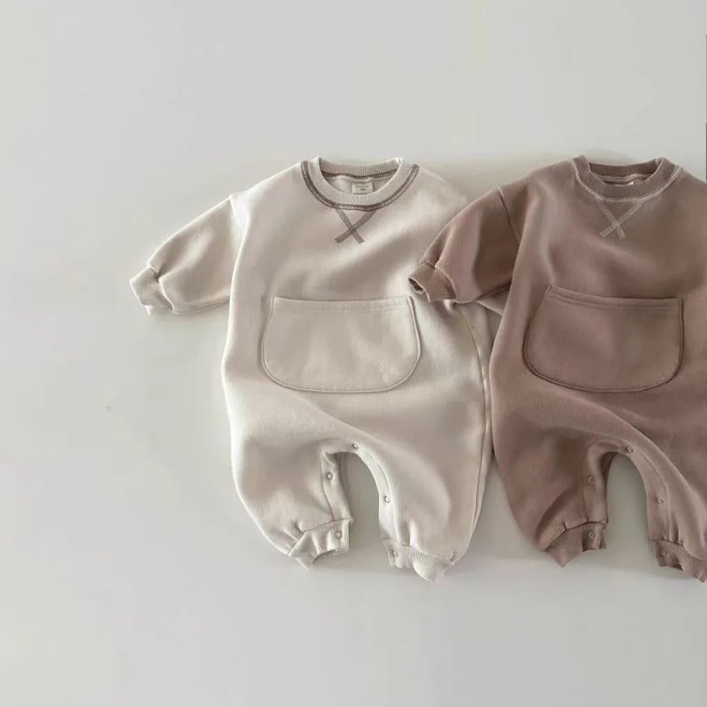 2025 Spring New Baby Long Sleeve Romper Boy Girl Newborn Large Pocket Jumpsuit Cotton Infant Versatile Casual Clothes 0-24M